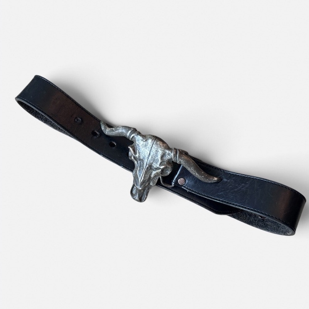 Black Leather Western Belt with Silver Steer Skull Longhorn Buckle Grunge Sz 28